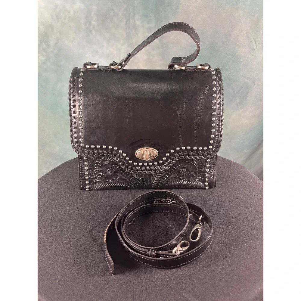 American West Black Hand Tooled Leather Studded Floral Top Handle‎ Handbag Bag